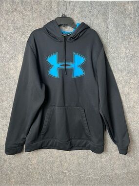 Under Armour Men's Large Loose Fit Black pullover Hoodie Blue Logo